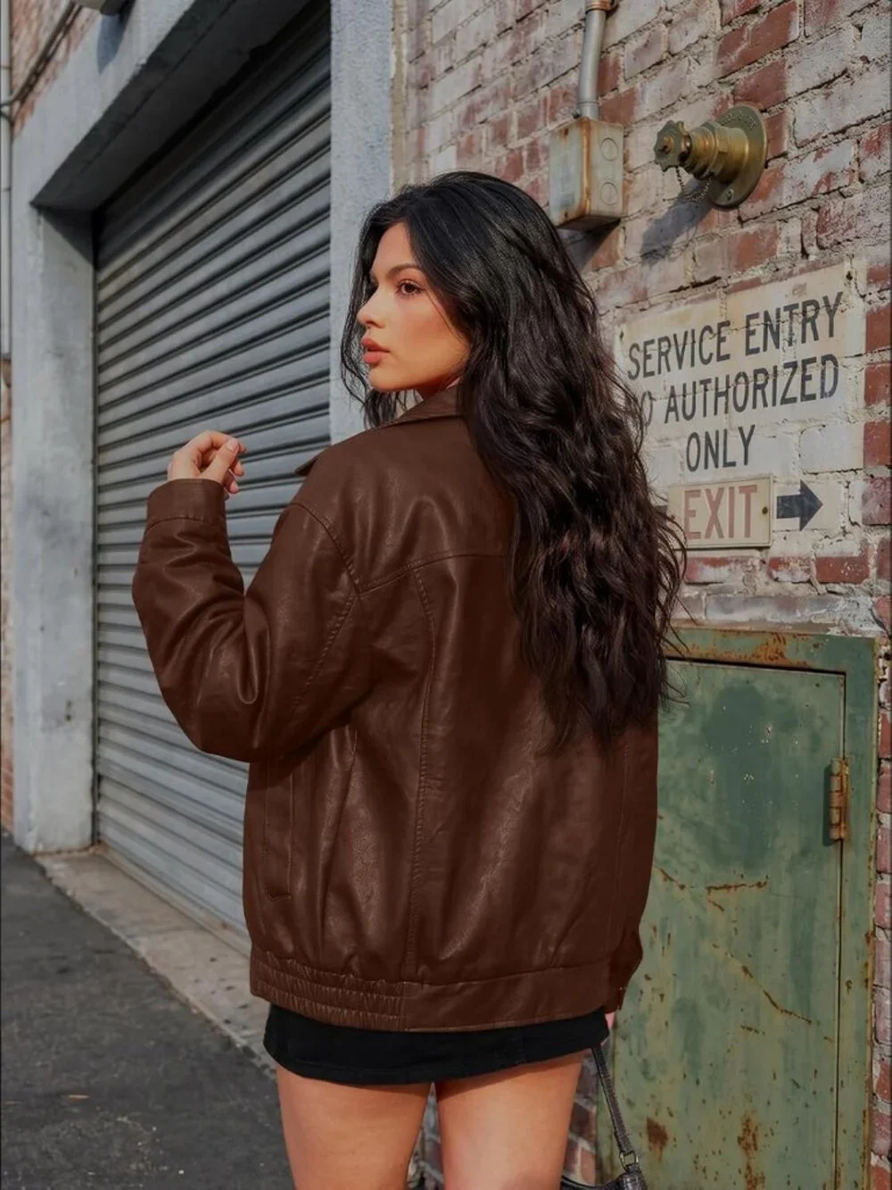 Women's Caramel Oversized Faux Leather Loose Weight Fall Winter Outerwear Jacket